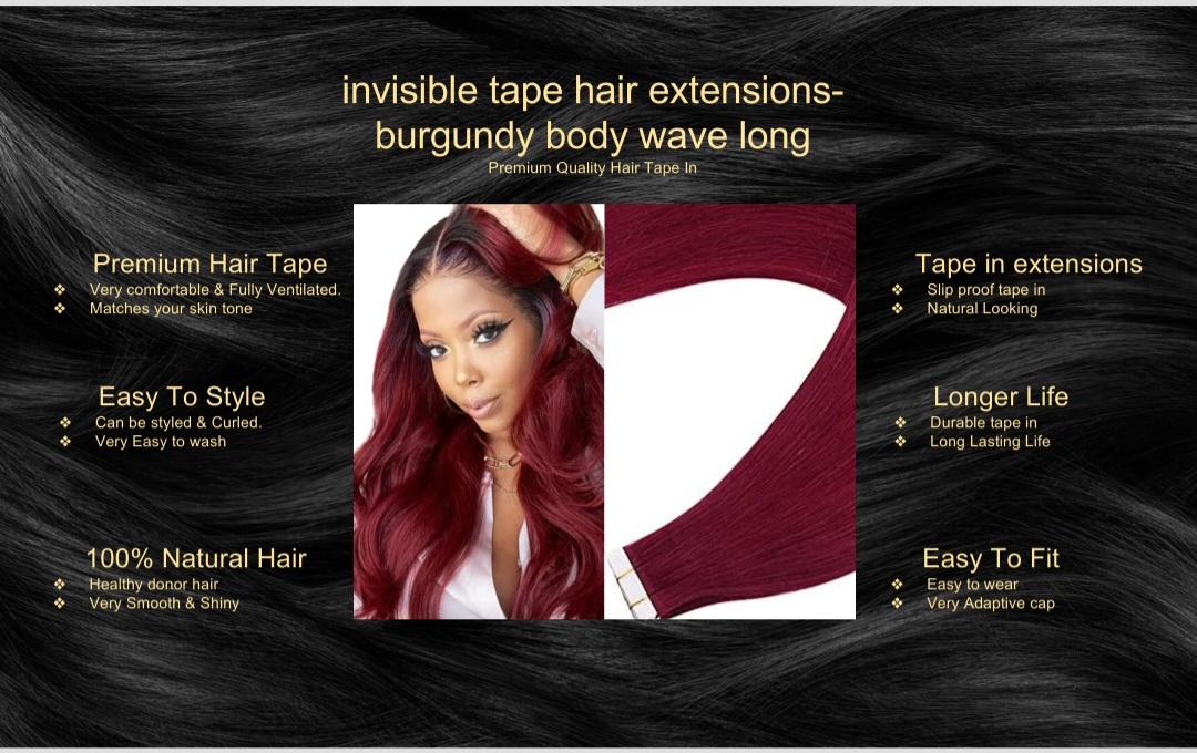 invisible tape hair extensions-burgundy body wave long5