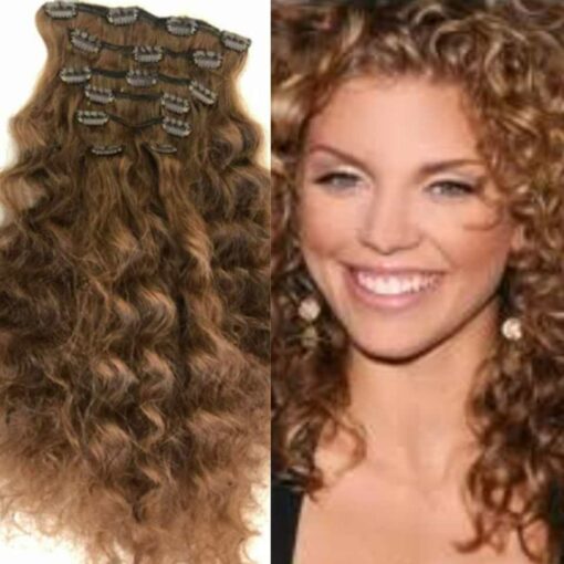 light brown clip in hair extension long curly1