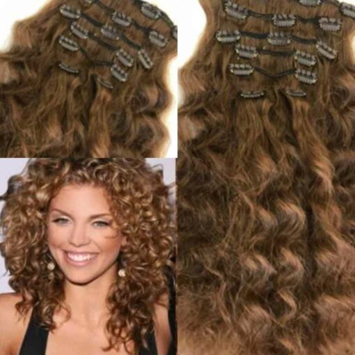 light brown clip in hair extension long curly2