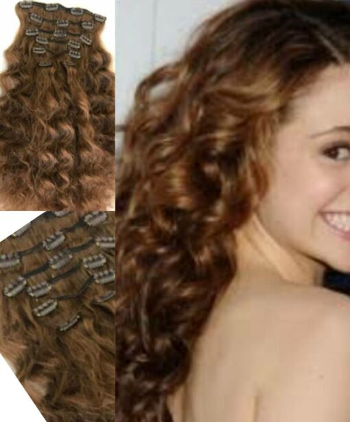 light brown clip in hair extension long curly3