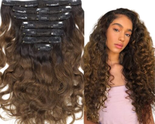 natural ombre curly hair extensions clip in brown long 1