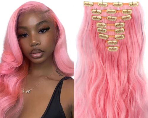 pink hair clip in extensions-body wave long 1