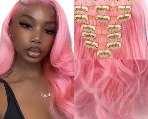 pink hair clip in extensions body wave long 2