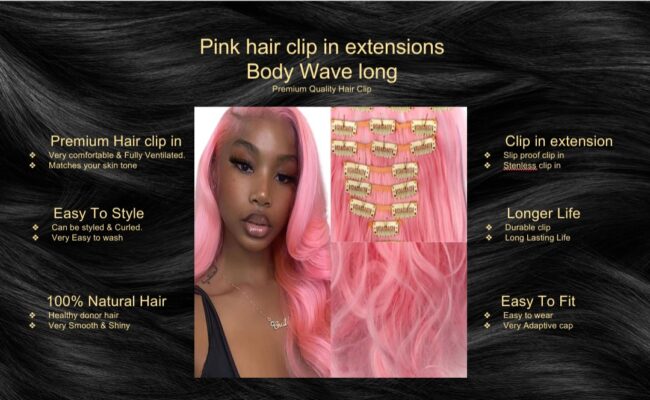 pink hair clip in extensions body wave long5