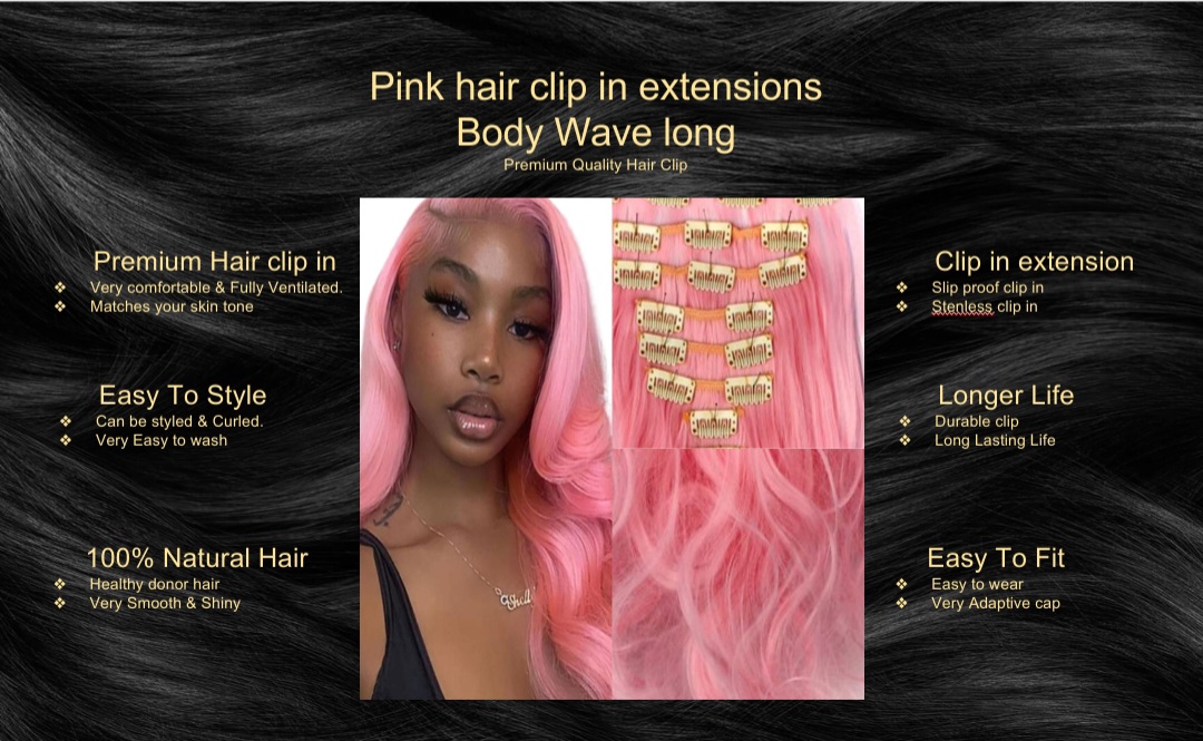pink hair clip in extensions-body wave long5
