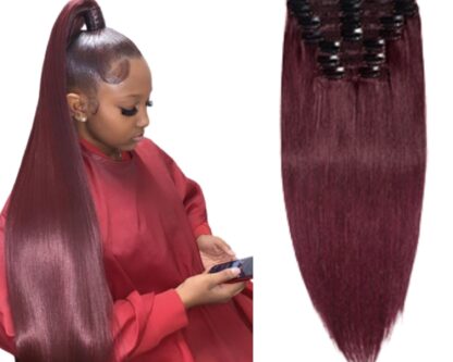 ponytail hair clip-burgundy long straight 1