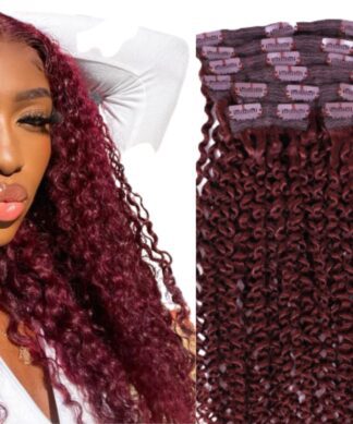 real hair clip in extensions-burgundy kinky curly long 1