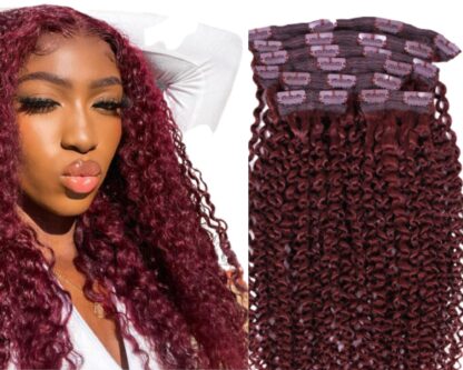 real hair clip in extensions-burgundy kinky curly long 1