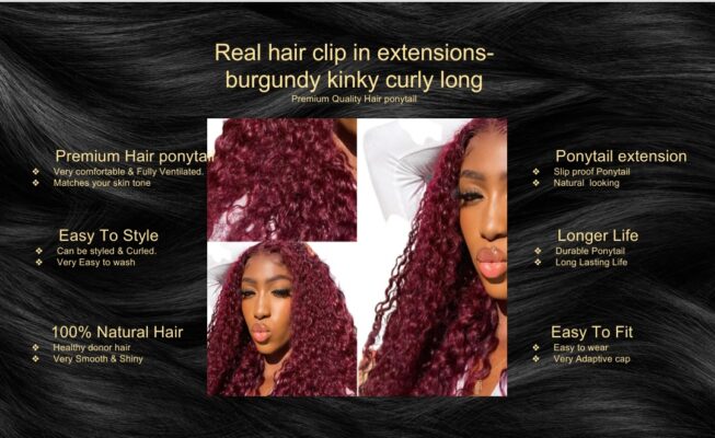real hair clip in extensions burgundy kinky curly long5