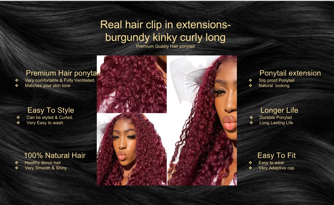 real hair clip in extensions-burgundy kinky curly long5