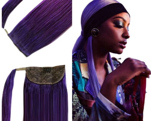 real hair ponytail extension purple long straight 2