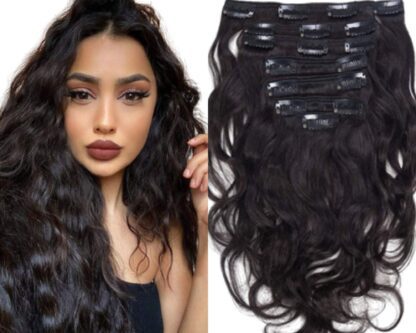 remy human hair clip in extensions-black wavy long 1