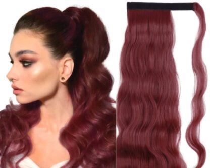 wavy high ponytail with weave-burgundy long 1