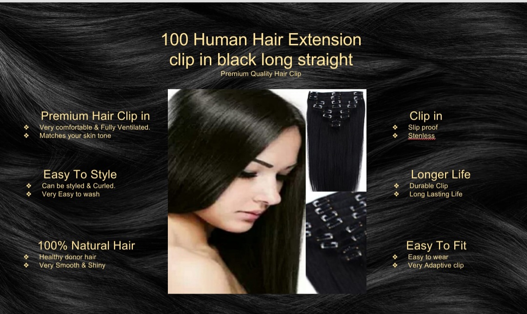 100 Human Hair Extension Clip Ins-Black Long straight5