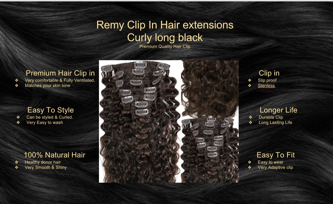 Remy Clip In Hair Extension-Curly Long Black5