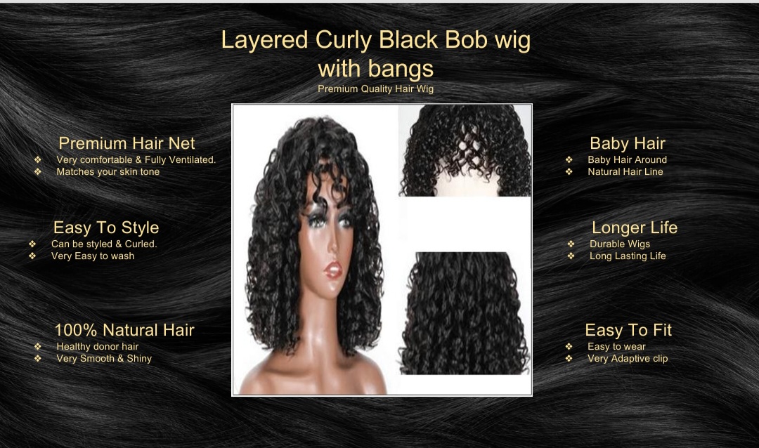 Layered Curly Black Bob Wig With Bangs5